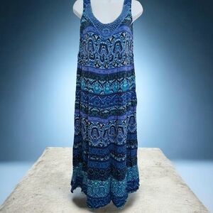 Elegant Notations Blue and Black Crochet Patterned Flow Maxi Dress
